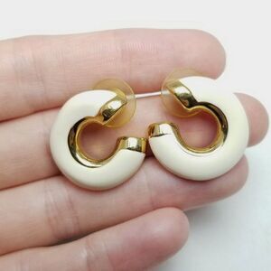 Vintage White Enamel and Gold Tone C Shape Stud Earrings, Retro 80s Style